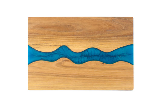 Teak Wood Serving Board with Blue Epoxy Inlay