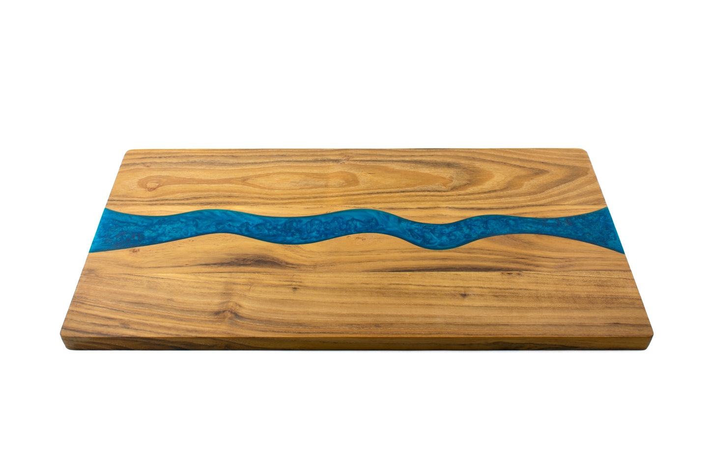 Large Teak Serving Wood Board with Blue Epoxy Inlay