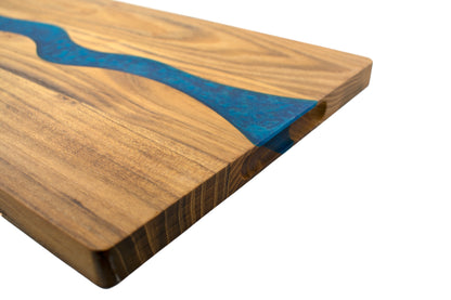 Large Teak Serving Wood Board with Blue Epoxy Inlay