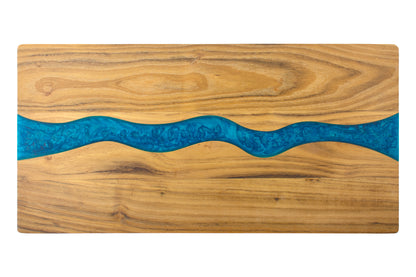 Large Teak Serving Wood Board with Blue Epoxy Inlay